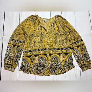Lucky Brand Yellow/Navy Paisley M Print Top